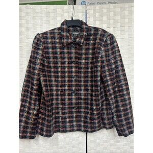 E344 Southern Lady Tweed Plaid Jacket Size 14 Shimmer-5Button Multi Colored coat